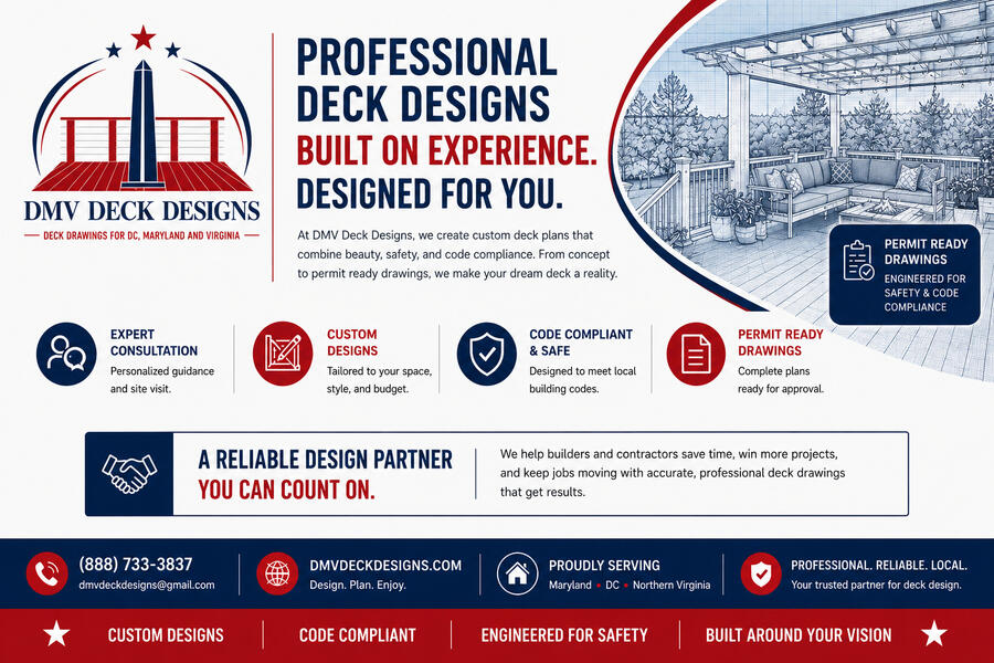 Professional deck design services including custom deck plans, permit-ready drawings, structural drawings, and 3D deck renderings for Maryland, Washington DC, and Northern Virginia.